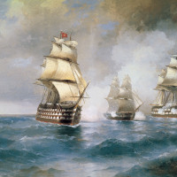 Бриг "Меркурий", атакованный двумя турецкими кораблями. 