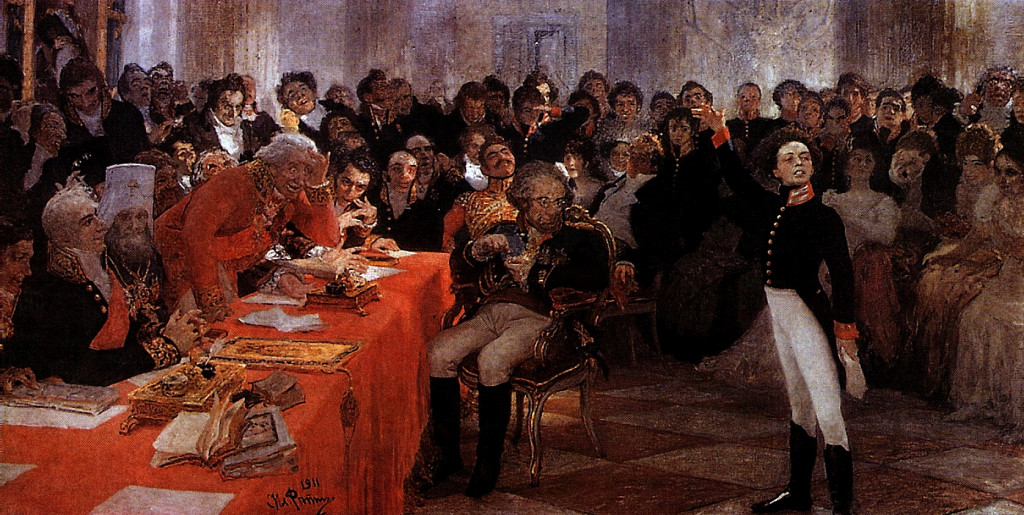 А.С.Пушкин на акте в Лицее 8 января 1815 года читает свою поэму "Воспоминания в Царском селе". 
