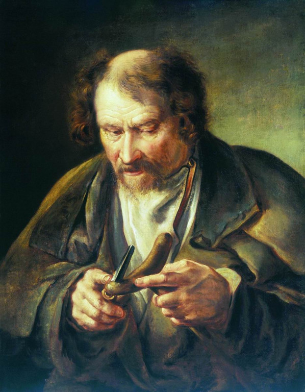 Старик, обстругивающий костыль.