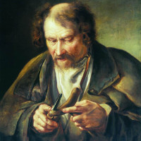 Старик, обстругивающий костыль.